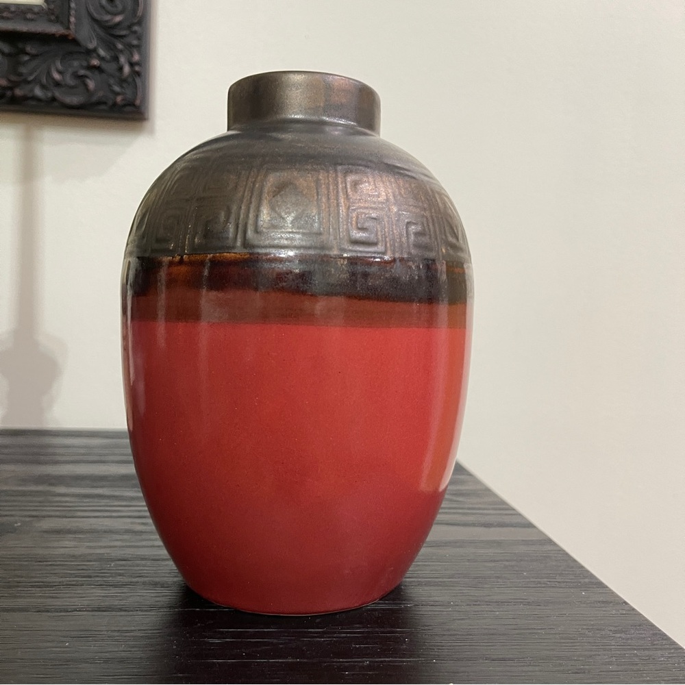 Mystic Passage Home Collection Red with Pewter Colored Trim vase